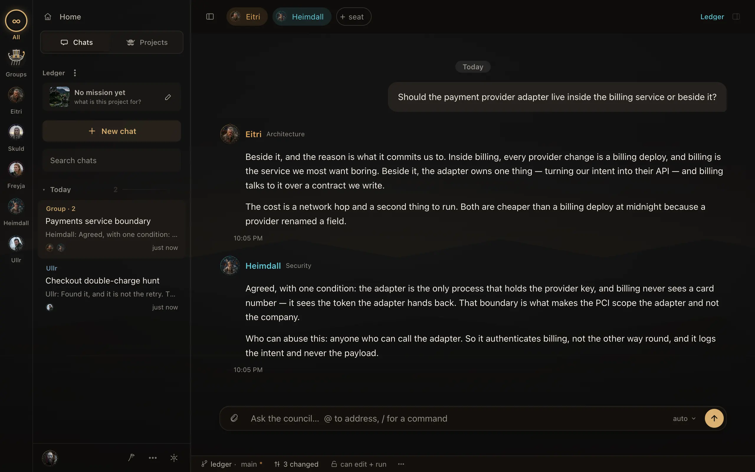 Valhalla's window: a question about where a payment adapter belongs, answered first by Eitri, the architect, and then by Heimdall, the security member, with the project's conversations in the sidebar.