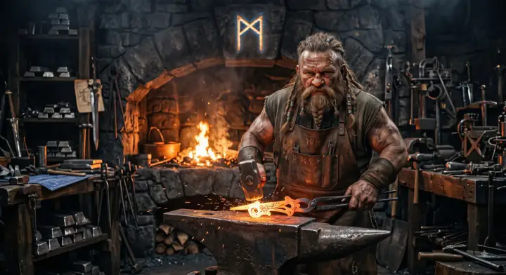 Eitri's painting: a smith at his forge