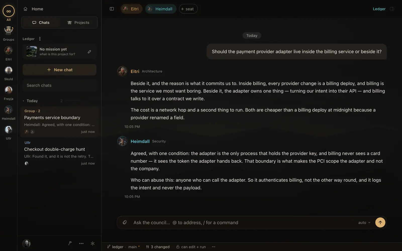A conversation in Valhalla: Eitri, the architect, and Heimdall, the security member, each answer whether a payment adapter belongs inside the billing service.