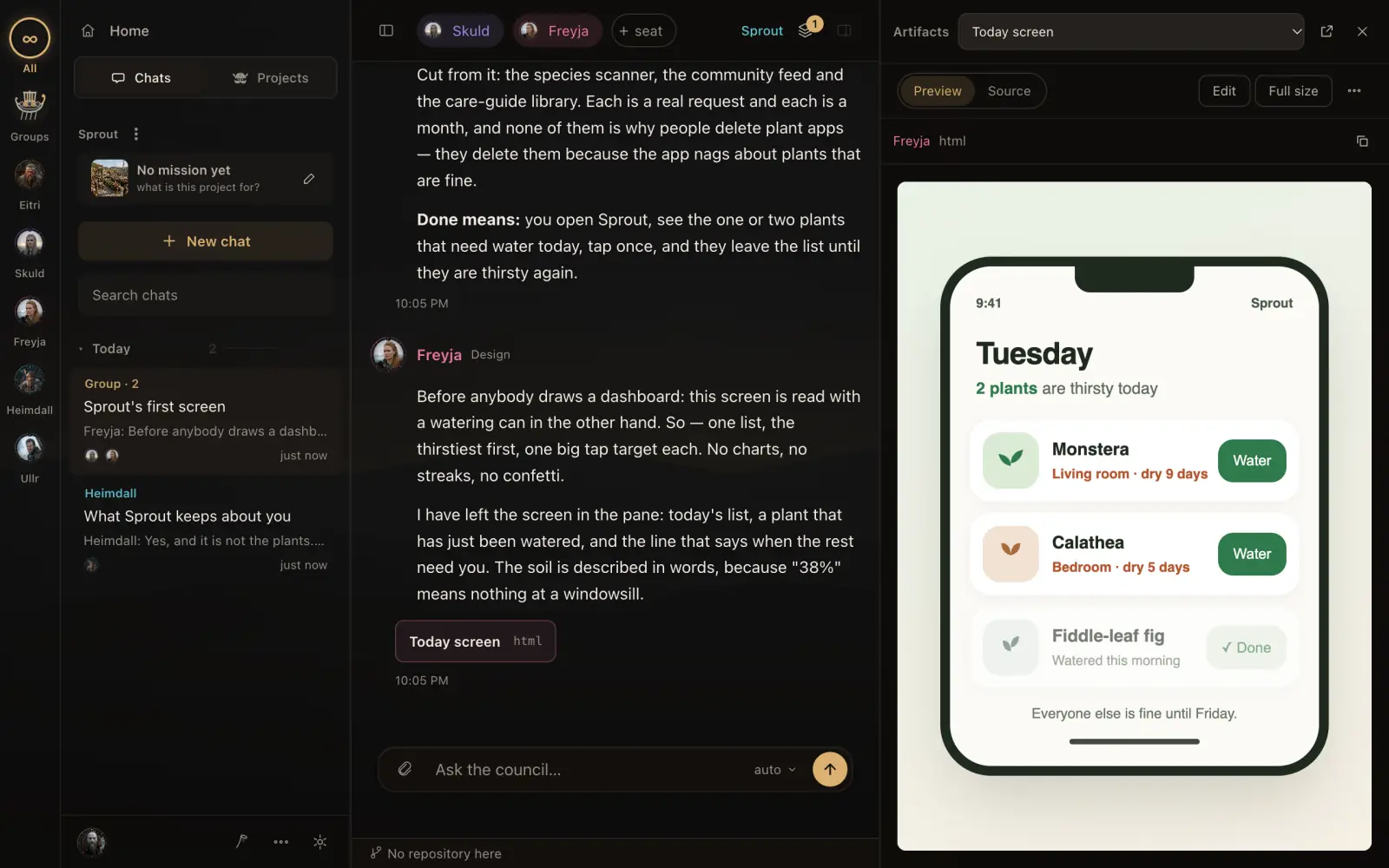 Freyja's reply beside the design she left: the first screen of Sprout, a plant-watering app, listing the two thirsty plants with a Water button each, rendered live in the side pane.