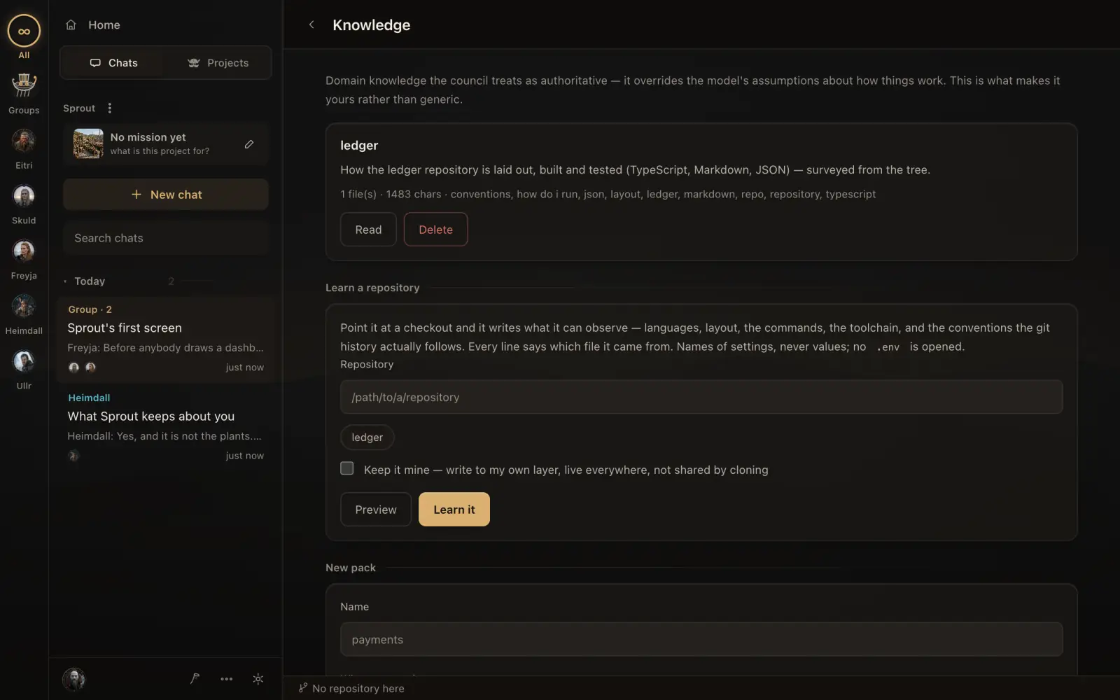 The Knowledge page, with a pack learned from the ledger repository and the form to learn another one.