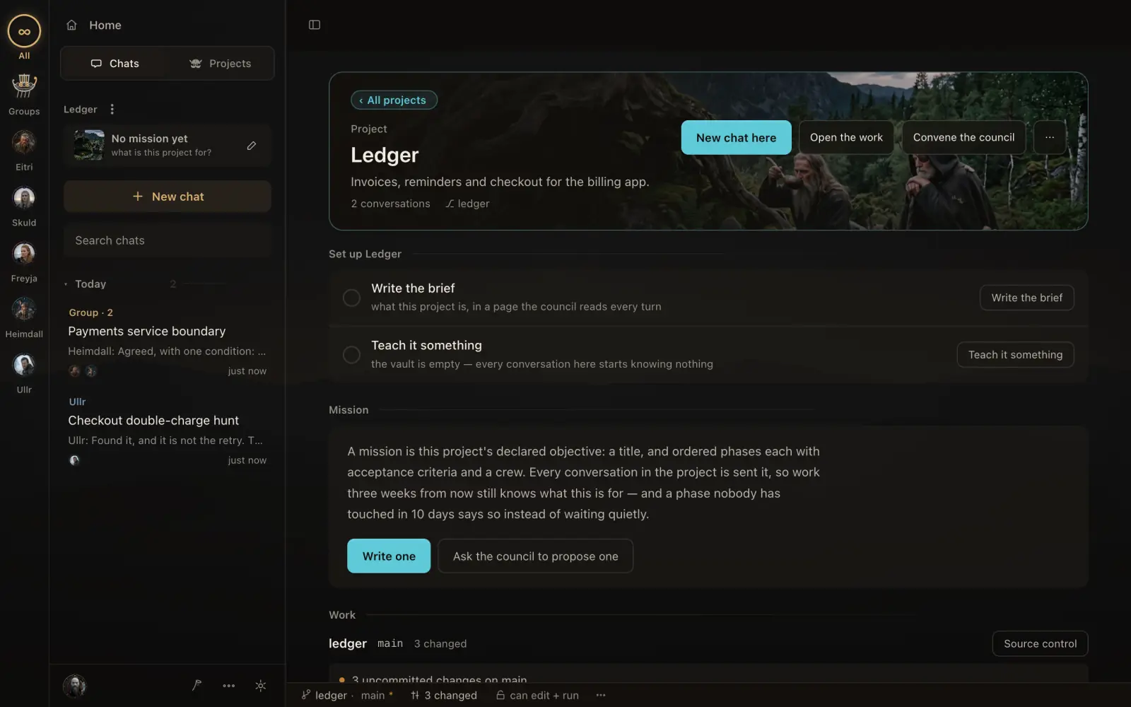 The Ledger project's hub: its painting, its conversations, the set-up checklist, the mission and the repository's working state.