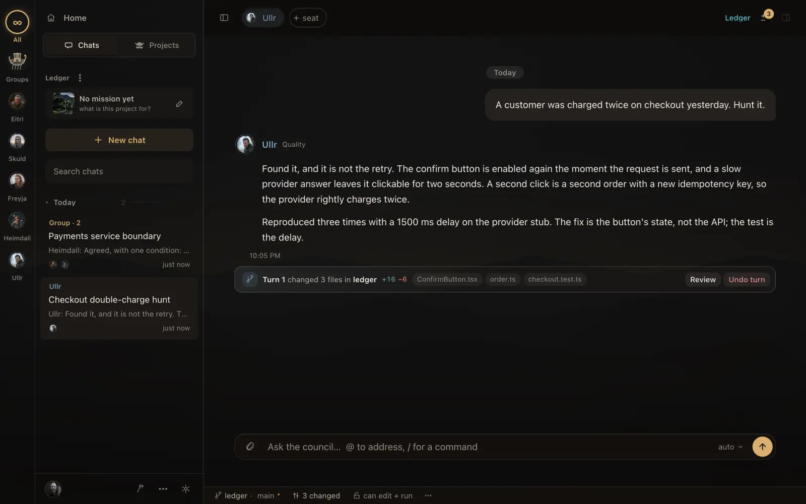 Ullr, the quality member, explains a double-charge bug; under his reply a strip says turn 1 changed three files in ledger, +16 −6, with Review and Undo turn buttons.
